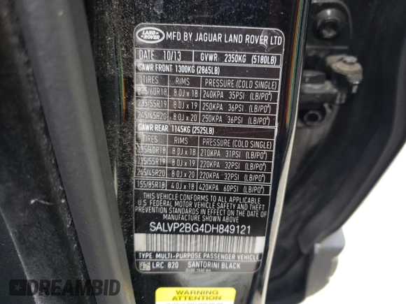 2013 Land Rover Range Rover Evoque Pure Plus with VIN SALVP2BG4DH849121, listed as a Copart auction lot 61446725 with 136,772 mi miles and Clean title. Bid and sale history available at DreamBid. Image 13.