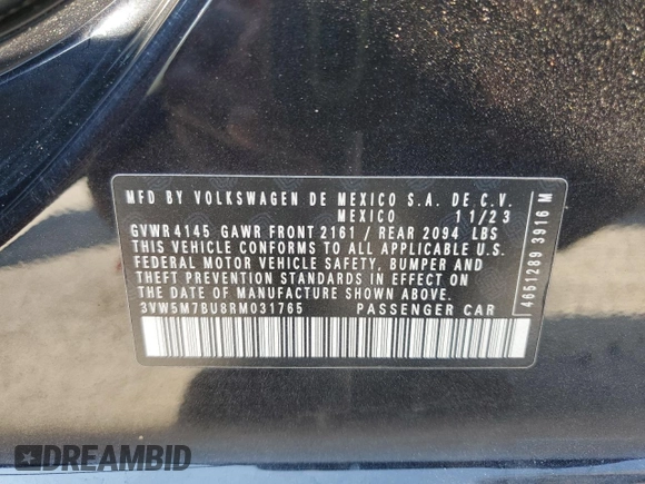 2024 Volkswagen Jetta S with VIN 3VW5M7BU8RM031765, listed as a Copart auction lot 63700505 with 40,808 mi miles and Clean title. Bid and sale history available at DreamBid. Image 13.