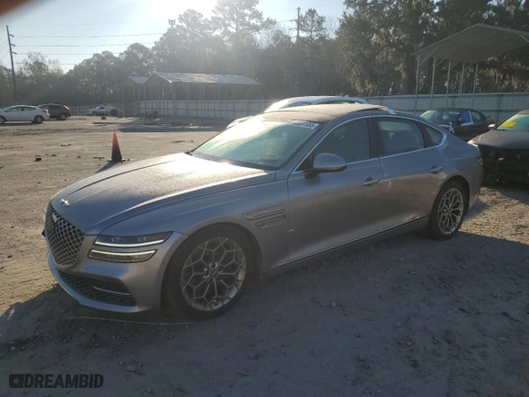 2021 Genesis G80 2.5T with VIN KMTGB4SC5MU081052, listed as a Copart auction lot 46831555 with 49,351 mi miles and Salvage Title. Bid and sale history available at carsss.com. Image 1.