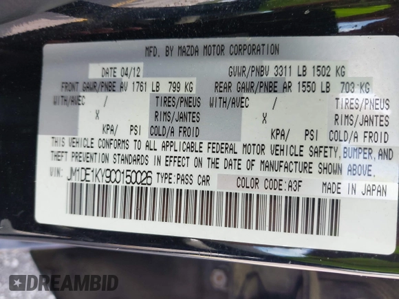 2012 Mazda 2 Sport with VIN JM1DE1KY9C0150026, listed as a IAAI auction lot 42196612 with 166,806 mi miles and . Bid and sale history available at DreamBid. Image 9.