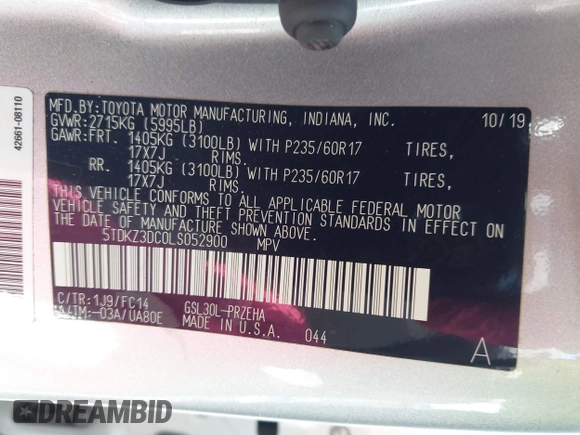 2020 Toyota Sienna LE Auto Access Seat с VIN 5TDKZ3DC0LS052900, выставлен на аукционе IAAI как лот 41940962 с пробегом 70 095 миль миль и . История ставок и продаж доступна на DreamBid. Изображение 9.