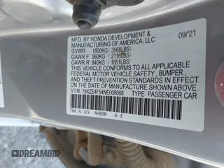 2022 Honda Insight EX with VIN 19XZE4F54NE008068, listed as a IAAI auction lot 41658247 with 54,480 mi miles and . Bid and sale history available at DreamBid. Image 9.