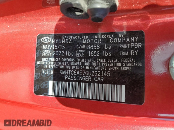 2016 Hyundai Veloster Turbo with VIN KMHTC6AE7GU262145, listed as a Copart auction lot 51283105 with Not provided miles and Salvage title. Bid and sale history available at DreamBid. Image 13.