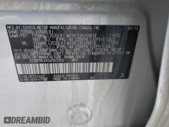 2014 Toyota RAV4 Limited with VIN 2T3DFREV4EW163150, listed as a Copart auction lot 44580915 with 143,812 mi miles and Salvage Title. Bid and sale history available at carsss.com. Image 13.