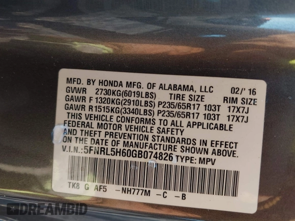 2016 Honda Odyssey EX-L with VIN 5FNRL5H60GB074826, listed as a IAAI auction lot 41733197 with Not Provided miles and . Bid and sale history available at DreamBid. Image 9.