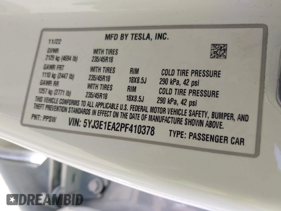 2023 Tesla Model 3 z VIN 5YJ3E1EA2PF410378, wystawiony jako IAAI lot #42265294 z przebiegiem 16 000 mil mil oraz . Historia ofert i sprzedaży dostępna na DreamBid. Obrazek 9.