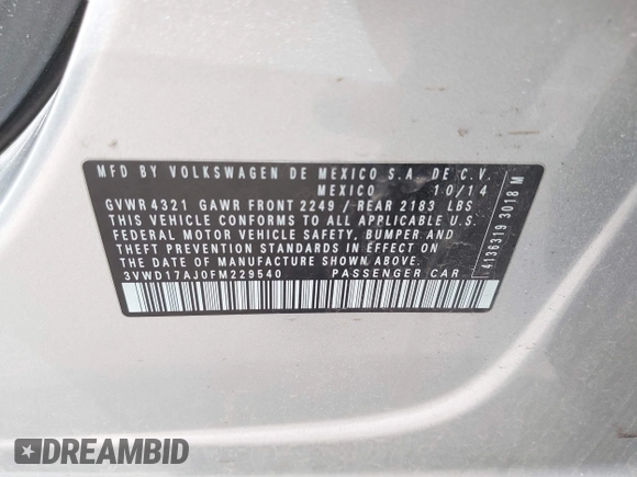 2015 Volkswagen Jetta Sedan 1.8T SE with VIN 3VWD17AJ0FM229540, listed as a IAAI auction lot 42063609 with 117,981 mi miles. Bid and sale history available at carsss.com. Image 9.