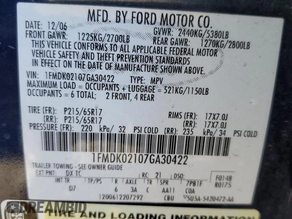 2007 Ford Freestyle SEL with VIN 1FMDK02107GA30422, listed as a Copart auction lot 75676164 with 258,108 mi miles and Salvage Title. Bid and sale history available at carsss.com. Image 13.