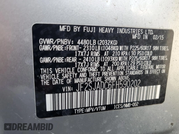 2015 Subaru Forester 2.5i Premium with VIN JF2SJADC6FH590202, listed as a Copart auction lot 47645895 with 139,776 mi miles and Salvage Title. Bid and sale history available at carsss.com. Image 15.