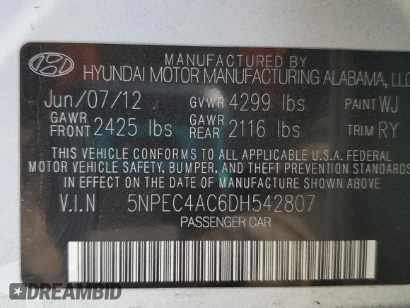 2013 Hyundai Sonata Limited with VIN 5NPEC4AC6DH542807, listed as a Copart auction lot 54093765 with 122,566 mi miles and Salvage title. Bid and sale history available at DreamBid. Image 13.