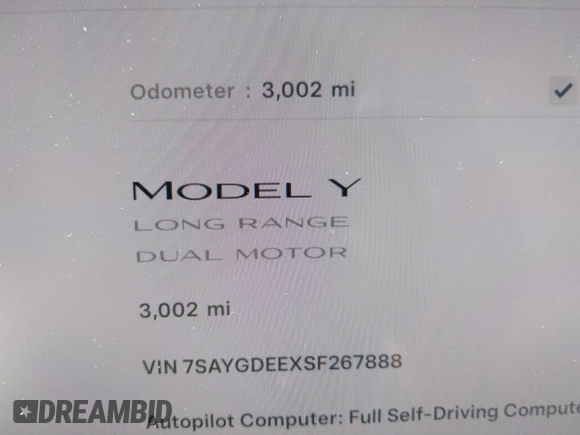 2025 Tesla Model Y Long Range with VIN 7SAYGDEEXSF267888, listed as a IAAI auction lot 41807129 with 3,002 mi miles and . Bid and sale history available at DreamBid. Image 15.