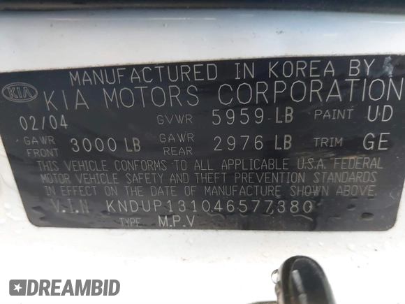 2004 Kia Sedona LX with VIN KNDUP131046577380, listed as a IAAI auction lot 41468710 with 138,451 mi miles and . Bid and sale history available at DreamBid. Image 9.