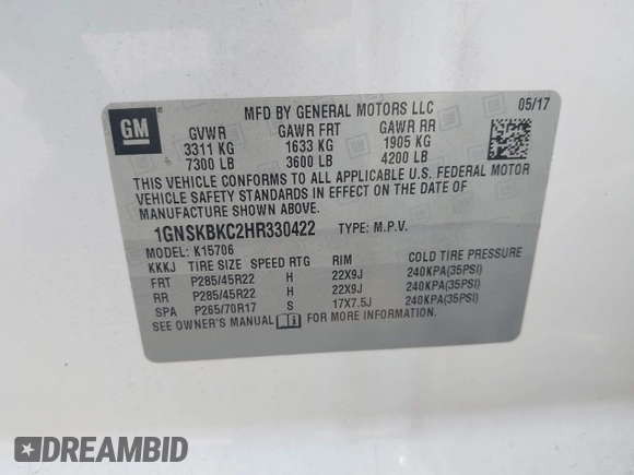 2017 Chevrolet Tahoe LT z VIN 1GNSKBKC2HR330422, wystawiony jako IAAI lot #42419205 z przebiegiem 136 444 mil mil oraz . Historia ofert i sprzedaży dostępna na DreamBid. Obrazek 9.