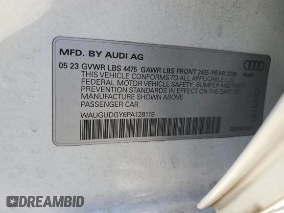 2023 Audi A3 Premium with VIN WAUGUDGY6PA128119, listed as a Copart auction lot 82787723 with 2,875 mi miles. Bid and sale history available at carsss.com. Image 12.