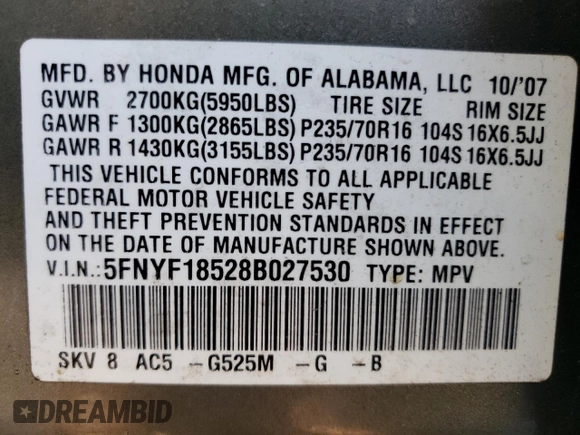 2008 Honda Pilot EX-L with VIN 5FNYF18528B027530, listed as a Copart auction lot 80157604 with 197,910 mi miles and Salvage Title. Bid and sale history available at DreamBid. Image 13.