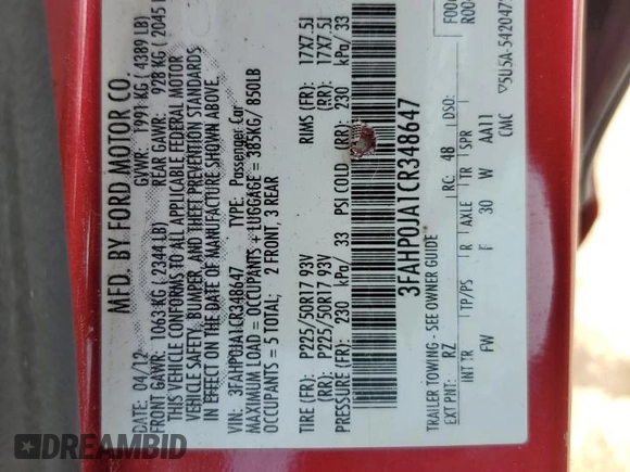 2012 Ford Fusion SEL with VIN 3FAHP0JA1CR348647, listed as a Copart auction lot 61761545 with 65,456 mi miles and Salvage title. Bid and sale history available at DreamBid. Image 12.