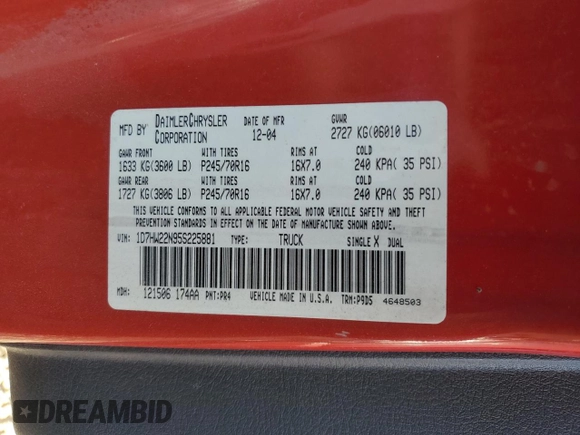 2005 Dodge Dakota с VIN 1D7HW22N95S225881, выставлен на аукционе Copart как лот 46940925 с пробегом 86 833 миль миль и Чистый • Clean title. История ставок и продаж доступна на DreamBid. Изображение 12.