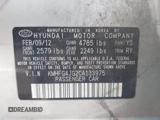 2012 Hyundai Azera с VIN KMHFG4JG2CA133975, выставлен на аукционе IAAI как лот 42612537 с пробегом 192 922 миль миль и . История ставок и продаж доступна на DreamBid. Изображение 9.