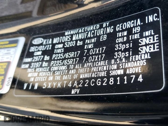2012 Kia Sorento LX with VIN 5XYKT4A22CG281174, listed as a Copart auction lot 88546905 with Not Provided miles and Clean Title. Bid and sale history available at carsss.com. Image 13.