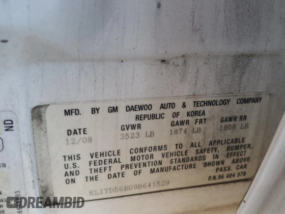 2009 Chevrolet Aveo 1LT z VIN KL1TD56E09B641529, wystawiony jako Copart lot #56563265 z przebiegiem 75 332 mil mil oraz Szkoda całkowita • Salvage title. Historia ofert i sprzedaży dostępna na DreamBid. Obrazek 12.