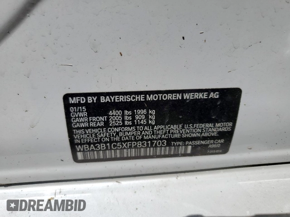 2015 BMW 3 Series 320i with VIN WBA3B1C5XFP831703, listed as a Copart auction lot 57561155 with 135,034 mi miles and Salvage title. Bid and sale history available at DreamBid. Image 12.