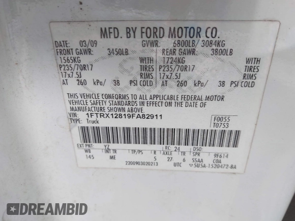 2009 Ford F-150 STX with VIN 1FTRX12819FA82911, listed as a IAAI auction lot 42424005 with 251,720 mi miles and . Bid and sale history available at DreamBid. Image 9.