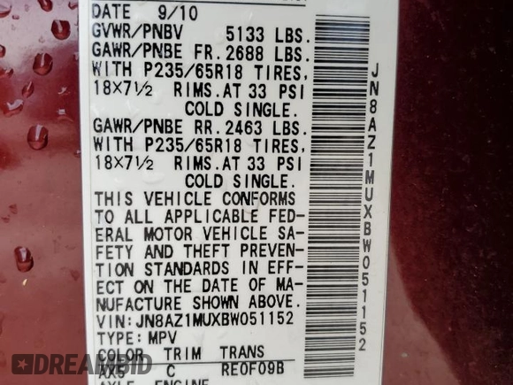 2011 Nissan Murano SL z VIN JN8AZ1MUXBW051152, wystawiony jako Copart lot #58340145 z przebiegiem 132 836 mil mil oraz Szkoda całkowita • Salvage title. Historia ofert i sprzedaży dostępna na DreamBid. Obrazek 12.