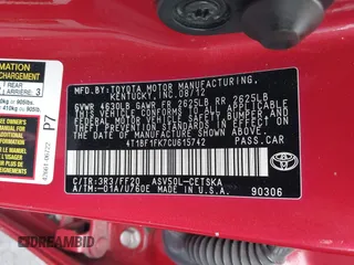 2012 Toyota Camry L with VIN 4T1BF1FK7CU615742, listed as a IAAI auction lot 42034672 with 113,755 mi miles. Bid and sale history available at carsss.com. Image 9.