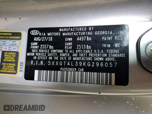 2019 Kia Optima LX z VIN 5XXGT4L39KG296057, wystawiony jako Copart lot #56992715 z przebiegiem 67 842 mil mil oraz Szkoda całkowita • Salvage title. Historia ofert i sprzedaży dostępna na DreamBid. Obrazek 12.