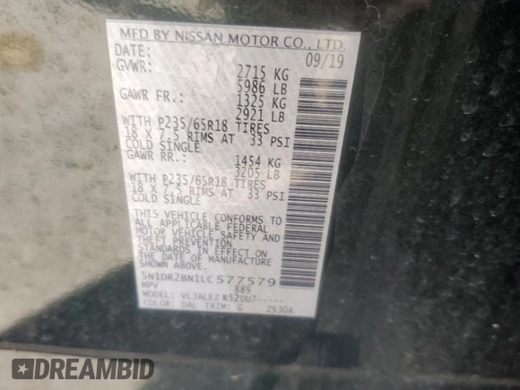 2020 Nissan Pathfinder SV with VIN 5N1DR2BN1LC577579, listed as a Copart auction lot 52199325 with 101,479 mi miles and Salvage title. Bid and sale history available at DreamBid. Image 13.