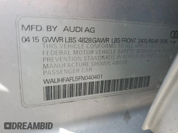 2015 Audi A4 Premium Plus with VIN WAUHFAFL5FN040401, listed as a Copart auction lot 62241544 with 0 mi miles and Salvage Title. Bid and sale history available at carsss.com. Image 13.