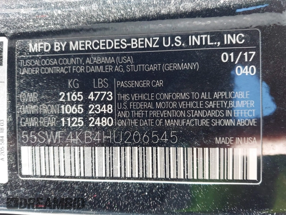 2017 Mercedes-Benz C 300 with VIN 55SWF4KB4HU206545, listed as a IAAI auction lot 41429426 with 92,107 mi miles and . Bid and sale history available at carsss.com. Image 9.