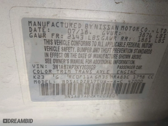 2019 Nissan Sentra S with VIN 3N1AB7AP2KY203809, listed as a IAAI auction lot 42026306 with 73,424 mi miles. Bid and sale history available at carsss.com. Image 9.