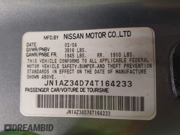 2004 Nissan 350Z Enthusiast z VIN JN1AZ34D74T164233, wystawiony jako IAAI lot #42509421 z przebiegiem 90 780 mil mil oraz . Historia ofert i sprzedaży dostępna na DreamBid. Obrazek 9.