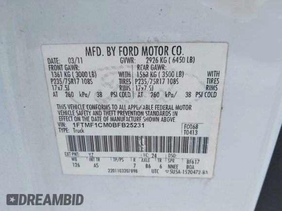 2011 Ford F-150 XL with VIN 1FTMF1CM0BFB25231, listed as a IAAI auction lot 42629899 with 167,513 mi miles and . Bid and sale history available at DreamBid. Image 9.