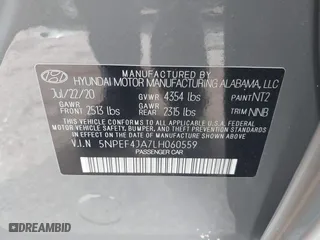 2020 Hyundai Sonata SEL with VIN 5NPEF4JA7LH060559, listed as a IAAI auction lot 41673158 with 56,954 mi miles. Bid and sale history available at carsss.com. Image 9.