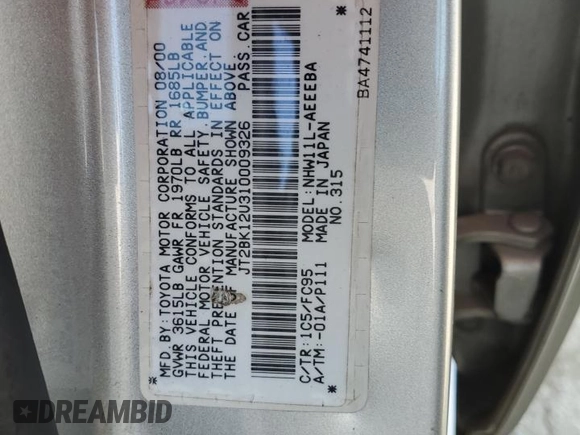 2001 Toyota Prius with VIN JT2BK12U310009326, listed as a Copart auction lot 52003335 with 142,845 mi miles and Salvage Title. Bid and sale history available at carsss.com. Image 12.