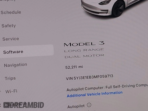 2021 Tesla Model 3 Long Range with VIN 5YJ3E1EB3MF059713, listed as a IAAI auction lot 41778289 with 52,211 mi miles. Bid and sale history available at carsss.com. Image 16.
