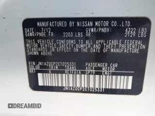 2012 Nissan LEAF SL with VIN JN1AZ0CP2CT025331, listed as a IAAI auction lot 41819282 with 75,377 mi miles. Bid and sale history available at carsss.com. Image 9.