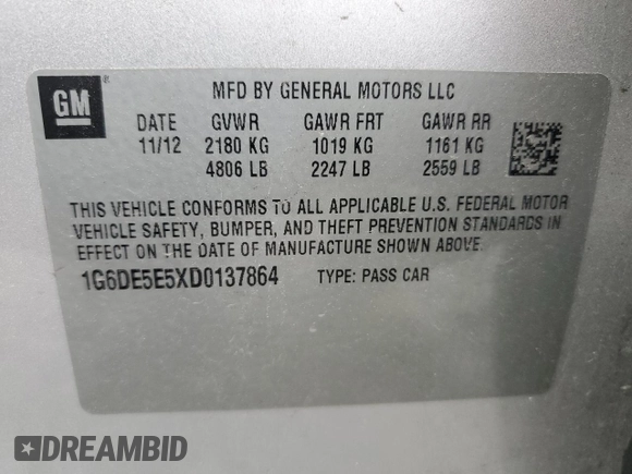 2013 Cadillac CTS Luxury with VIN 1G6DE5E5XD0137864, listed as a Copart auction lot 50077885 with 112,471 mi miles and Salvage title. Bid and sale history available at DreamBid. Image 13.