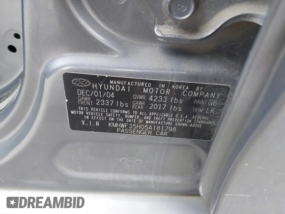2005 Hyundai Sonata GLS with VIN KMHWF35H05A181798, listed as a IAAI auction lot 41366863 with 129,290 mi miles. Bid and sale history available at carsss.com. Image 9.