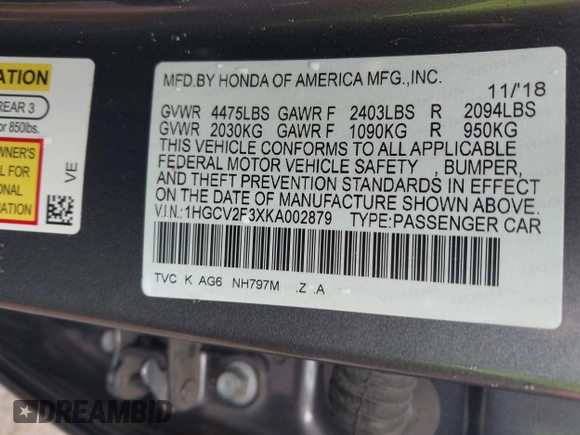 2019 Honda Accord Sport with VIN 1HGCV2F3XKA002879, listed as a IAAI auction lot 42308478 with 49,315 mi miles and . Bid and sale history available at DreamBid. Image 9.