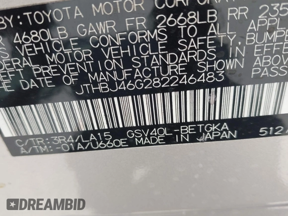 2008 Lexus ES 330 z VIN JTHBJ46G282246483, wystawiony jako IAAI lot #42516615 z przebiegiem 168 016 mil mil oraz . Historia ofert i sprzedaży dostępna na DreamBid. Obrazek 9.
