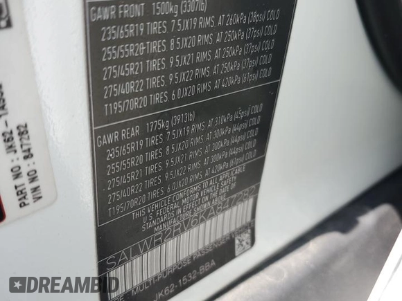 2019 Land Rover Range Rover Sport HSE with VIN SALWR2RV6KA847282, listed as a Copart auction lot 55673065 with 52,261 mi miles and Salvage title. Bid and sale history available at DreamBid. Image 14.