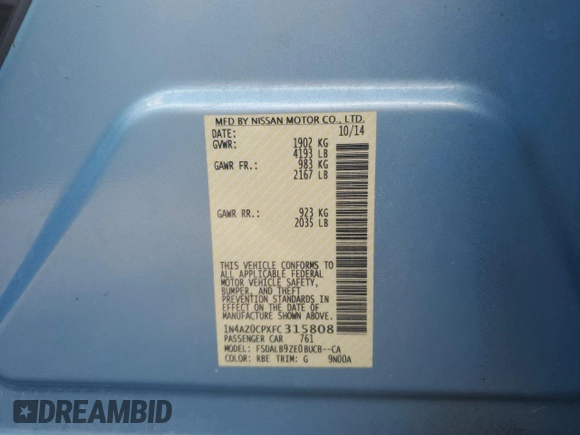 2015 Nissan LEAF SV with VIN 1N4AZ0CPXFC315808, listed as a Copart auction lot 47897795 with 56,918 mi miles and Clean title. Bid and sale history available at DreamBid. Image 12.