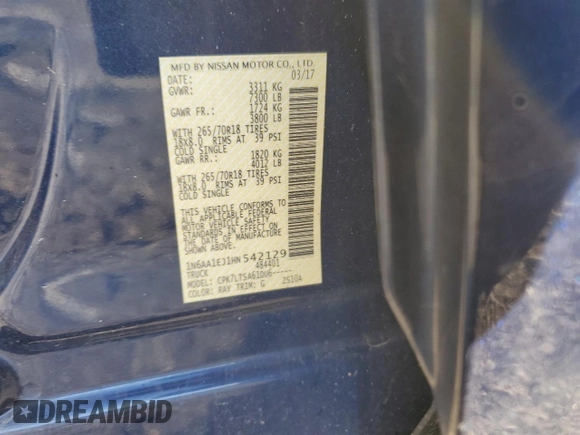 2017 Nissan Titan S with VIN 1N6AA1EJ1HN542129, listed as a Copart auction lot 80027693 with 117,455 mi miles and Salvage Title. Bid and sale history available at carsss.com. Image 12.