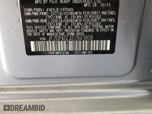 2013 Subaru Crosstrek Limited with VIN JF2GPAGC4D2843808, listed as a Copart auction lot 59120725 with 91,648 mi miles and Salvage title. Bid and sale history available at DreamBid. Image 13.