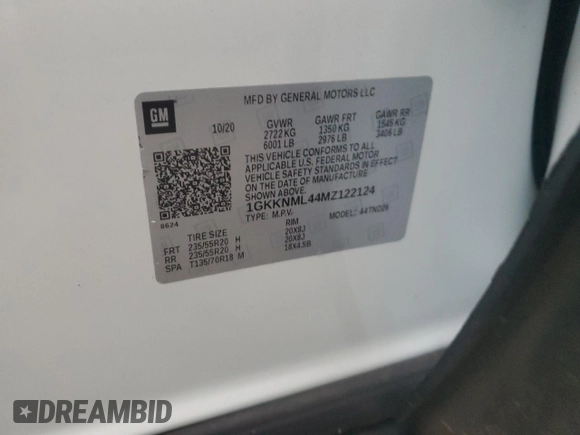 2021 GMC Acadia SLT with VIN 1GKKNML44MZ122124, listed as a Copart auction lot 86157074 with 70,376 mi miles and Salvage Title. Bid and sale history available at DreamBid. Image 13.