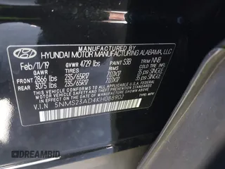 2019 Hyundai Santa Fe SE with VIN 5NMS23AD4KH088902, listed as a IAAI auction lot 42044465 with 34,302 mi miles and . Bid and sale history available at DreamBid. Image 9.