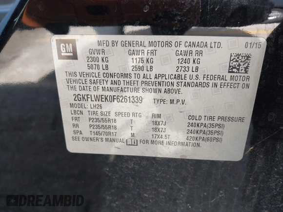2015 GMC Terrain SLE with VIN 2GKFLWEK0F6261339, listed as a IAAI auction lot 41986275 with 100,082 mi miles and . Bid and sale history available at DreamBid. Image 9.